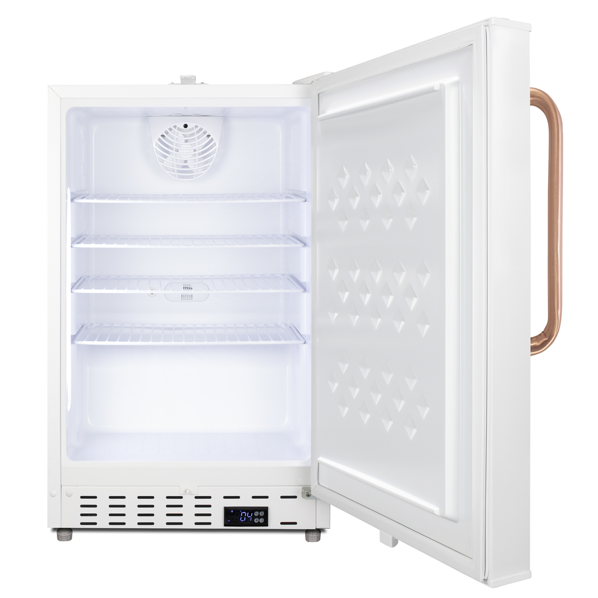 Built-in undercounter ADA compliant +2 C to +8 C all-refrigerator in white with pure copper towel bar handle, lock, digital controls, wire shelving, hospital cord with 'green dot' plug, factory installed access port, and automatic defrost operation
